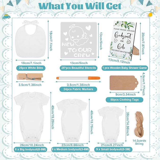 201 Pcs Baby Shower Set Baby Shower Game Sign Baby Bib Bodysuit White Baby Bib Newborn Bodysuit Baby Shower White Decorating Kit(Green)