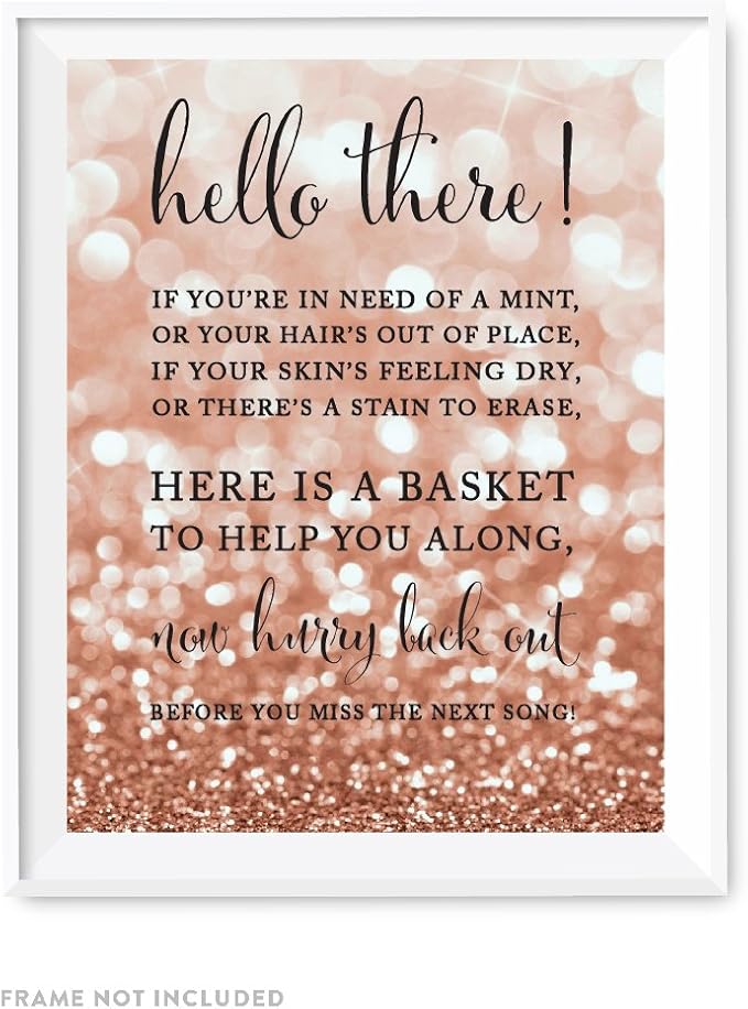 Andaz Press Wedding Party Signs, Glitzy Rose Gold Glitter, 8.5x11-inch, Ladies Bathroom Basket, 1-Pack, Bokeh Colored Party Supplies