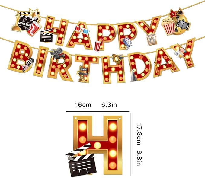 Zwiebeco Movie Night Happy Birthday Banner Film Themed Sign Hanging Paper Party Decoration for Hollywood Cinema Accessories Supplies Favors