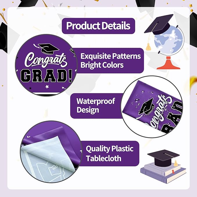 2-Piece 54 x 108 Inch Graduation Plastic Tablecloth – Graduation Disposable Rectangle Table Covers with “Congrats Grad” Design for Class of 2026 Party, School and Home Decorations