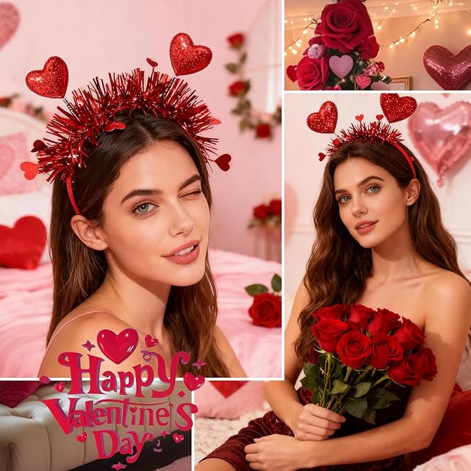 Valentines Headband with Red Heart Designs Sequin Heart Hair Accessories Shiny Red Tassel Head Bopper Romantic Valentines Headbands for Valentines Lover Party Hair Accessory Supplies 1pcs