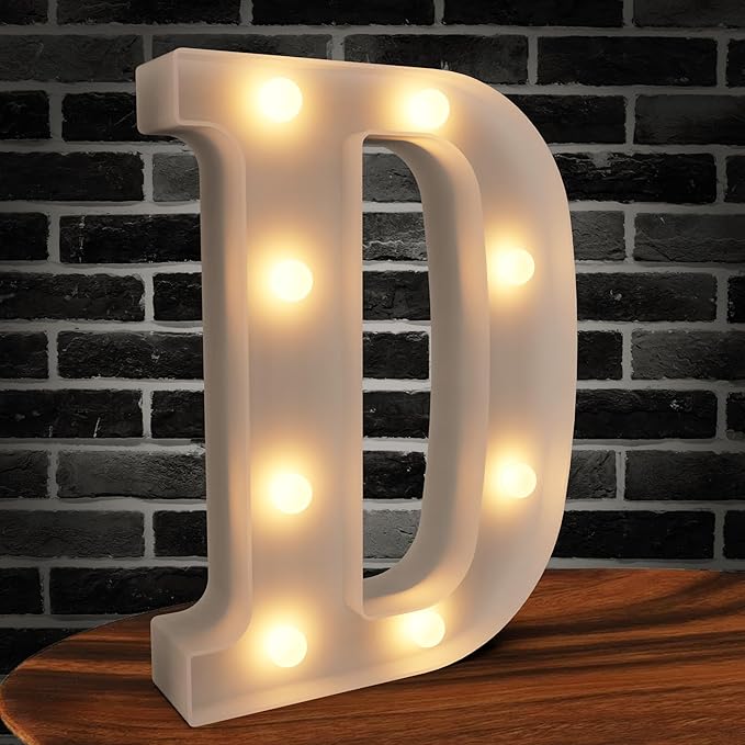 Light Up Letters Marquee, 26 Battery Powered LED Alphabet Signs - Night Light - White Plastic for Engagement, Wedding, Baby Showers & Birthdays - Letter D