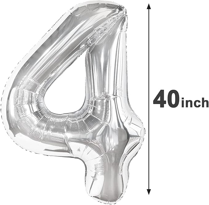 40 Inch Silver Large Number 4 Birthday Balloon, Giant Number Four 14 24 34 40 44 Balloons, Foil Mylar Big Balloons for Anniversary Graduation Supplies Decorations