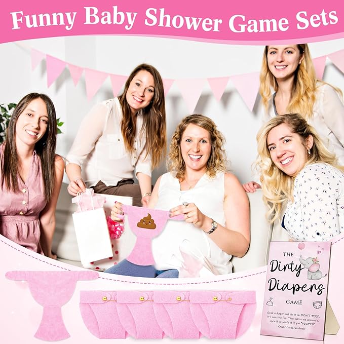 Roowest 51 Pcs Dirty Diaper Baby Shower Games Funny Wooden Sign with 50 Pcs Mini Diapers Cute Felt for Gender Reveal Party Baby Shower(Pink Elephant)