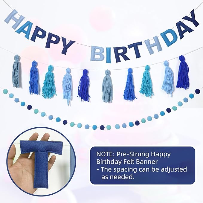 Pre-Strung Happy Birthday Banner Felt Ball Garland Banner Sign for Blue Birthday Party Decorations Blue Dog Party Decor