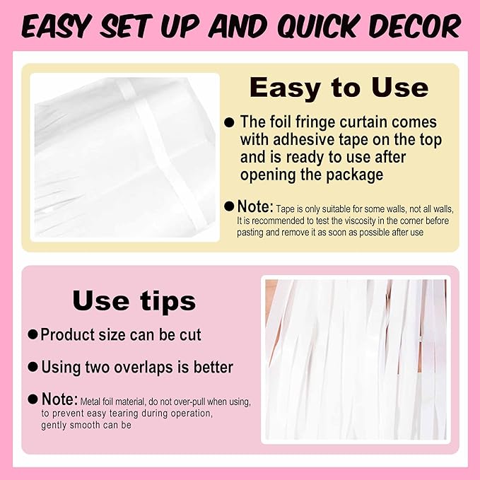 6 Pack Macaron White Foil Fringe Curtains Backdrop, 3.28 x 8.2 Ft Metallic Streamers Tinsel Curtains Background for Photo Booth, Birthday, Christmas, Halloween, New Year Party Decorations
