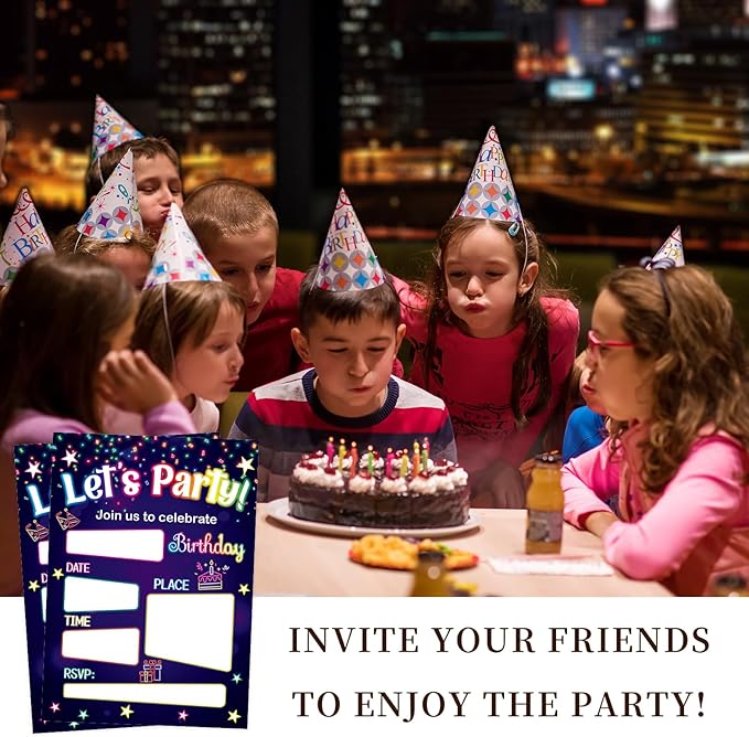 WorldBazaar Neon Birthday Invitations With Envelopes 20 Pack Let's Glow Theme Kids Birthday Party Invitation For Boys Girls Birthday Party Supplies