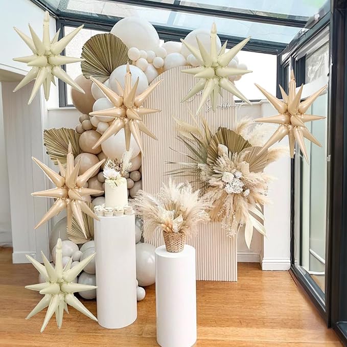 6PCS Star Balloons, 22Inch Large Cream Caramel Star Balloon Foil Balloons Spike Cone Balloon for Birthday Baby Shower Wedding Boho Party Decorations