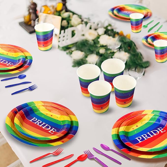 350 Pcs Disposable Gay Pride Month Party Tableware for 50 Guests Rainbow Paper Plates Love Napkins Cups Knives Forks Spoons for Gay Pride Party Lgbt Parade Festival Events Club Dance