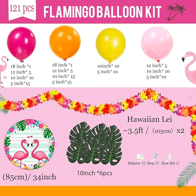 Summer Tropical Balloon Arch Kit Hot pink yellow orange Balloon Luau palm leaves Hawaiian leis backdrop For Baby Shower Island Beach Flamingo Pool Parties Tiki Aloha Birthday Party Decorations