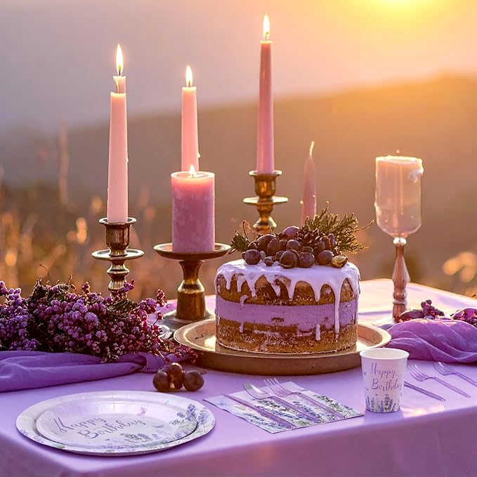 400 Pcs Purple Lavender Birthday Decorations for 50 Guests, Lavender Floral Butterfly Paper Plates Napkins and Cups Set with Cutlery, Lilac Tableware for Spring Birthday Party Supplies