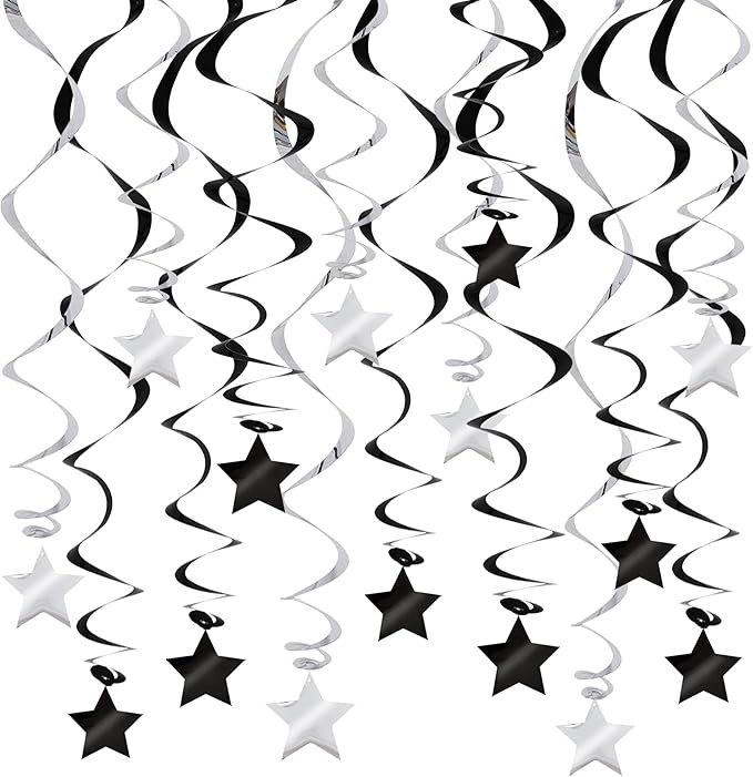 BEISHIDA Black Silver Stars Hanging Swirls Bachelorette Graduation Hanging Ornament Decorations for Birthday Party Supplies Congrats Grade 2026 Graduation Decorations,Pack of 15