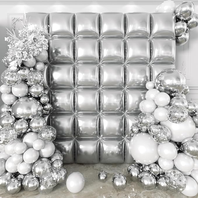 36pcs Silver Square Foil Balloons Wall Backdrop with 144pcs Balloon Garland Arch Kit, Double Sided Balloons for Bachelorette Baby Shower Birthday Anniversary Graduation Prom Party Decorations