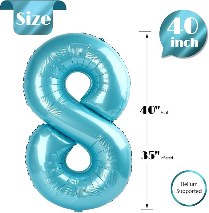 Pearlescent Blue Number 8 Balloon 40 Inch, 8 Balloon Number, 8th Birthday Decorations, Pearlescent Blue Party Supplies for Boys Girls