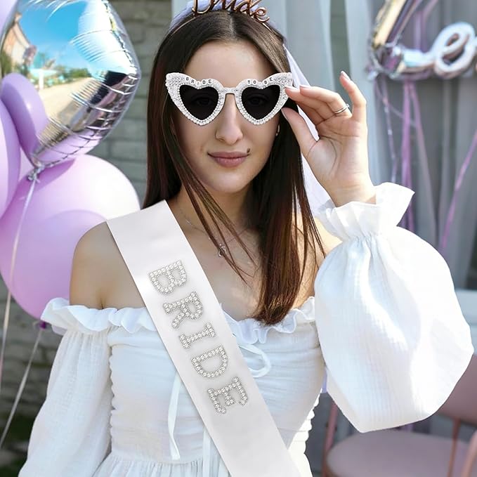 Bride to Be Sunglasses & Bride Sash Set - White Satin Sash with Rhinestone Lettering & Pearl-Embellished Sunglasses for Bachelorette Party, Bridal Shower & Wedding Celebrations