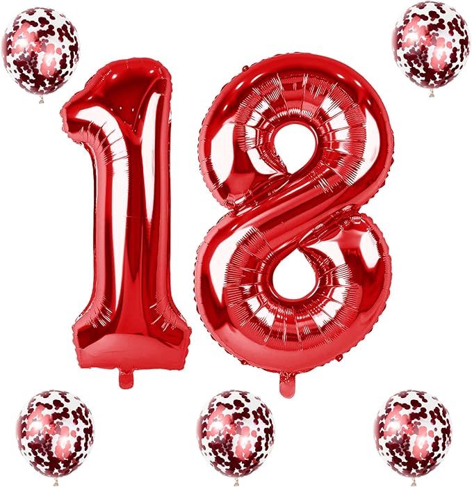 Red 18 Balloon Numbers and Confetti Balloons, 40" Number 1 and 8 Mylar Foil Balloons Self Inflating, 18th 81st Birthday Balloons Set for Boys Girls Women Men Birthday Anniversary Party Decorations