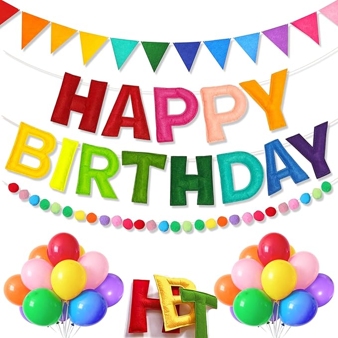 Pre-Strung 3D Happy Birthday Banner, 38 PCS Felt Ball Garland HAPPY BIRTHDAY Sign, Rainbow Pom Pom Garland, Triangle Fabric Bunting Party Banners, Reusable Rainbow Birthday Party Decorations for Girls Boys Women Men