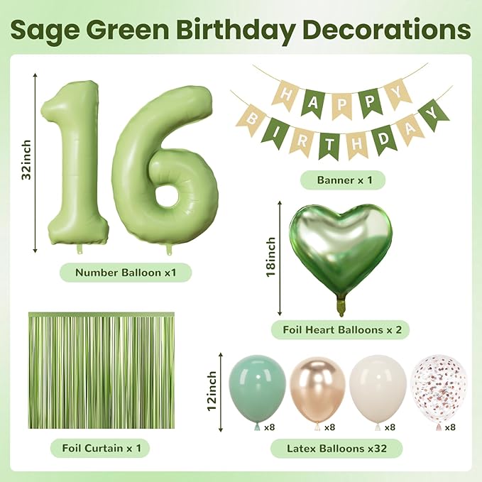 Sage Green Sweet 16 Birthday Decorations for Girls Boys, 16th Birthday Party Supplies with Green Number 16 Balloon, Sand White & Cream Balloon Kit and Fringe Curtains