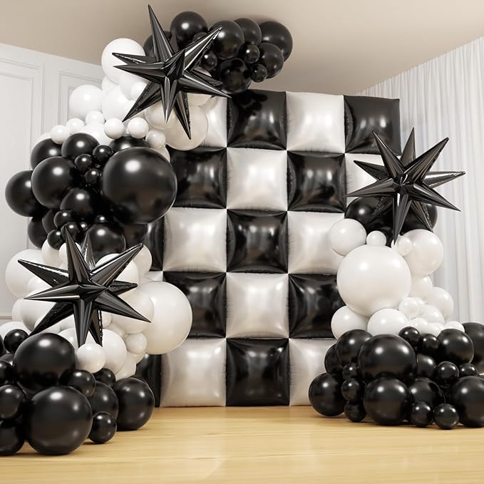 Black and White Checkered Square Foil Balloons Backdrop Wall, Double Sided Tunnel with Black White Balloon Arch Garland Kit for Checkerboard Racing Themed Celebration Graduation Party Decorations
