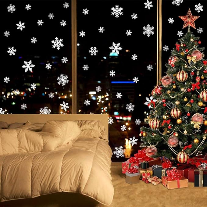 LUDILO 135Pcs Christmas Window Clings Snowflakes Window Decals Static Window Stickers for Christmas Decorations Windows Décor Ornaments Xmas Party Supplies Thanksgiving Party Décor