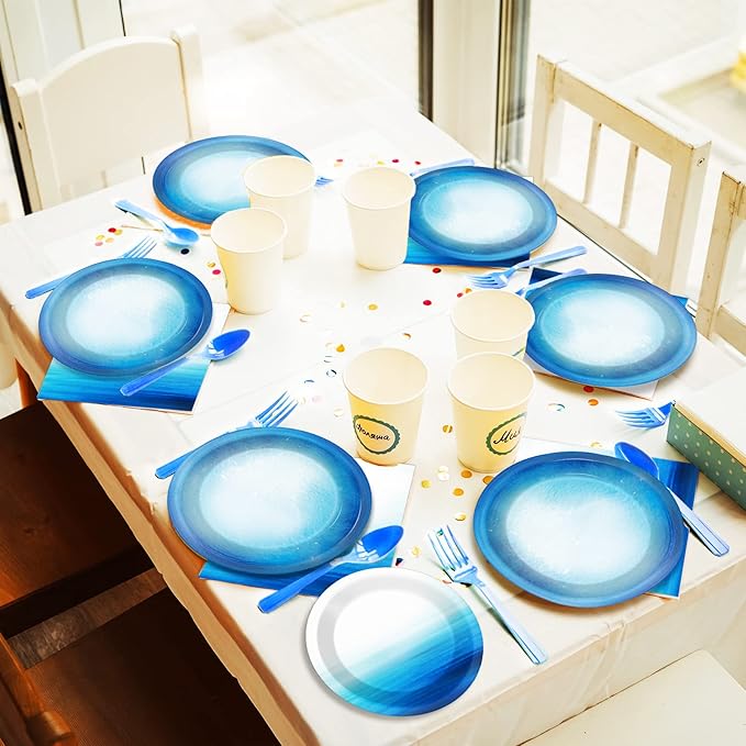 96 Pieces Ocean Sea Party Tableware Set Ocean Waves Party Supplies Sea Theme Table Decorations Under The Sea Tableware for Baby Shower Birthday Paper Plates Napkins Forks for 24 Guests