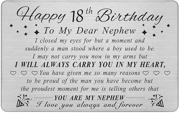 DEGASKEN Nephew 18th Birthday Card - 18th Birthday Card for Nephew - Happy Birthday Gifts for 18 Year Old Nephews, Special Engraved Wallet Card