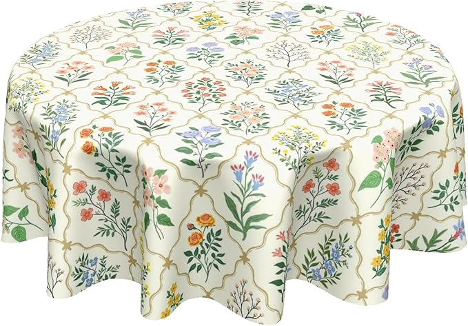 Spring Floral Round Tablecloth Wildflower Circle Table Cloth 60 Inch Beige Vintage Rustic Farmhouse Table Cover Washable Polyester Indoor for Home Kitchen Dinning Party Decor
