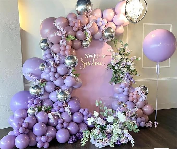 Grey Violet Maca Purple Silver Balloons Garland Arch Kit, 146Pcs Latex Balloons Different Sizes 18 12 10 5 Inch for Party Decoration Birthday Wedding Engagements Anniversary Baby Shower