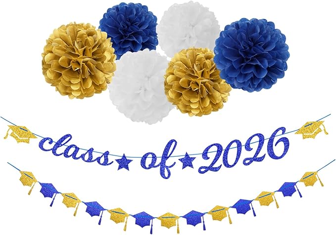 Navy-Blue White-Gold Party-Decorations Graduation Banner - 8pcs Kits Class of 2026 Cap Garland Streamers, Paper Tissue Pom Poms Flowers, Congratulations Grad Decor Lasting Surprise