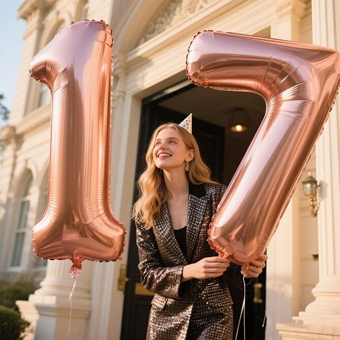 40 Inch Rose Gold Balloon Number 17 Balloon,Jumbo Mylar Foil Helium Balloon for 17 Digital Balloons for Birthday Party,Wedding Anniversary Party Decorations