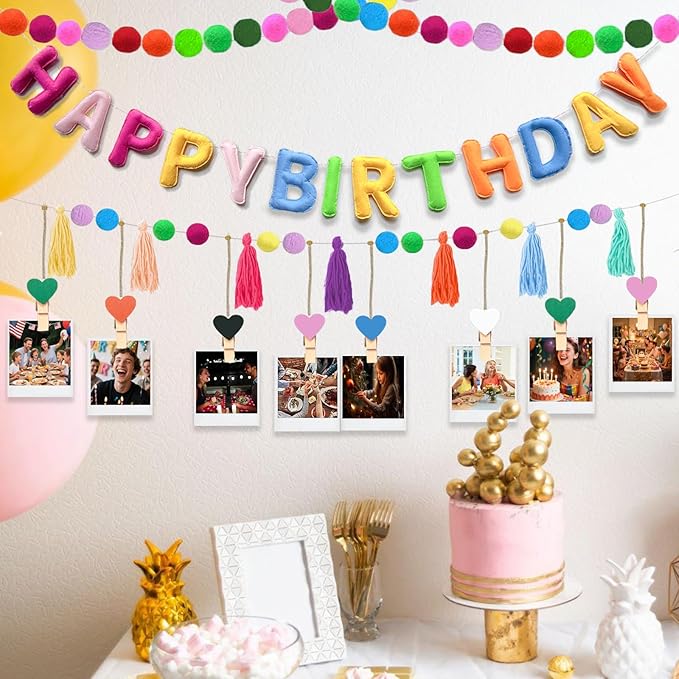 Pre-Strung Happy Birthday Banner, Felt Happy Birthday Garland, Pompom Ball Garland, Colorful Thread Tassel Banner with Photo Clips, Reusable Party Decorations for Party Decor, Photo Prop