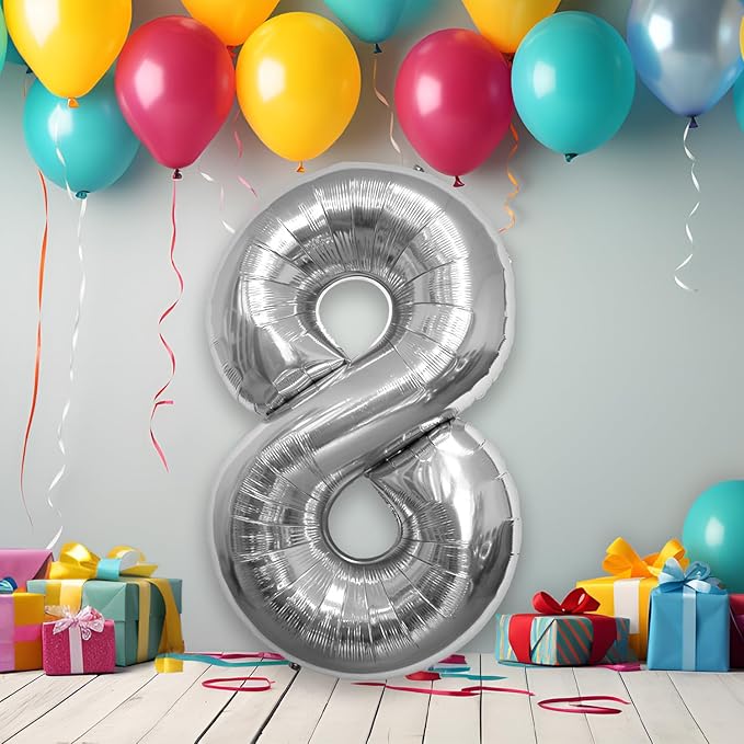 40 Inch Large Silver Number Celebration and Decoration Balloon for Birthday Parties, Graduations, Anniversaries, Weddings, Photo Shoots, Special Events - Helium Foil (Silver Number 8)