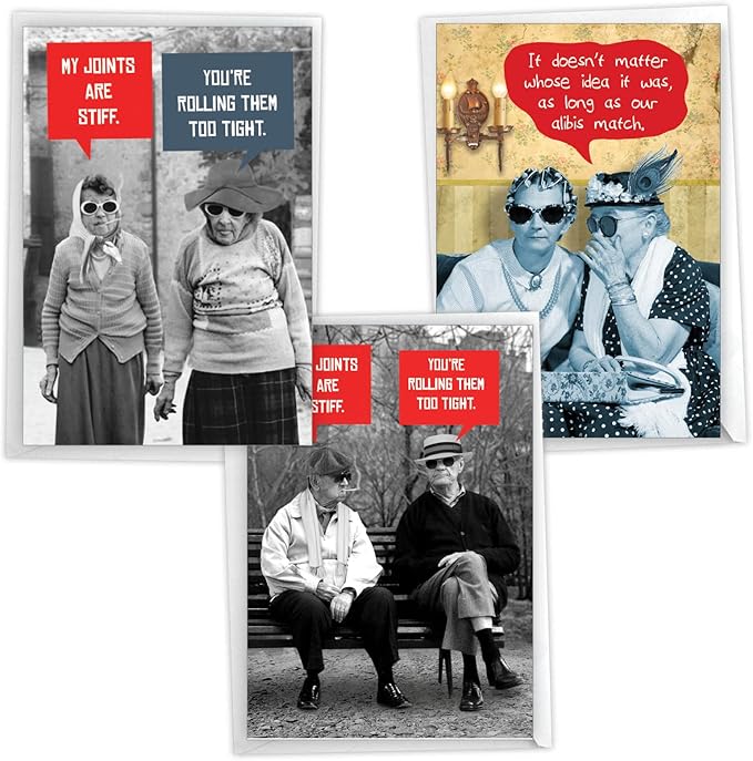 NobleWorks Assorted 3 Pack of Hysterical Retro Birthday Greeting Cards with 5 x 7 Inch Envelopes for Men and Women (3 Designs, 1 Each) Naughty Seniors VC9269BDG-C1x3