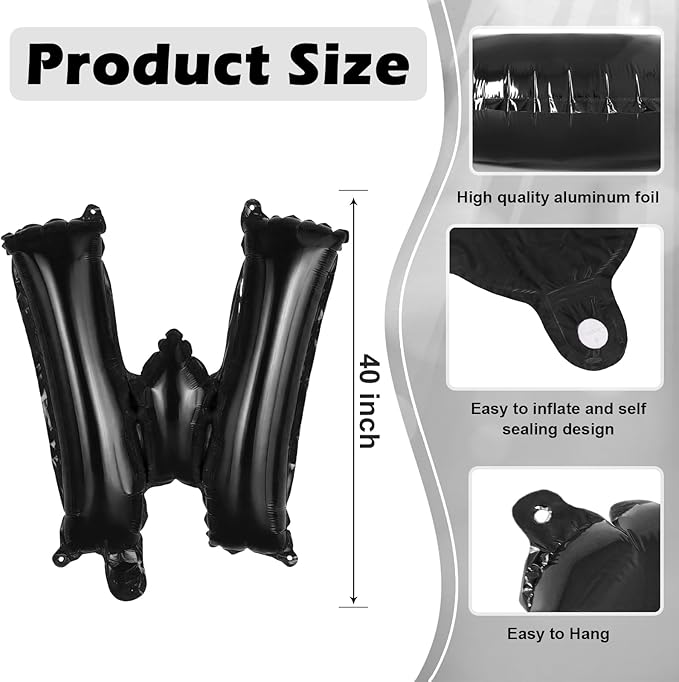 Black Letter W Balloons, 40 Inch Large Foil Letter Balloons, Custom Phrase Balloon for Birthday Party Wedding Anniversary Decoration (Black W)