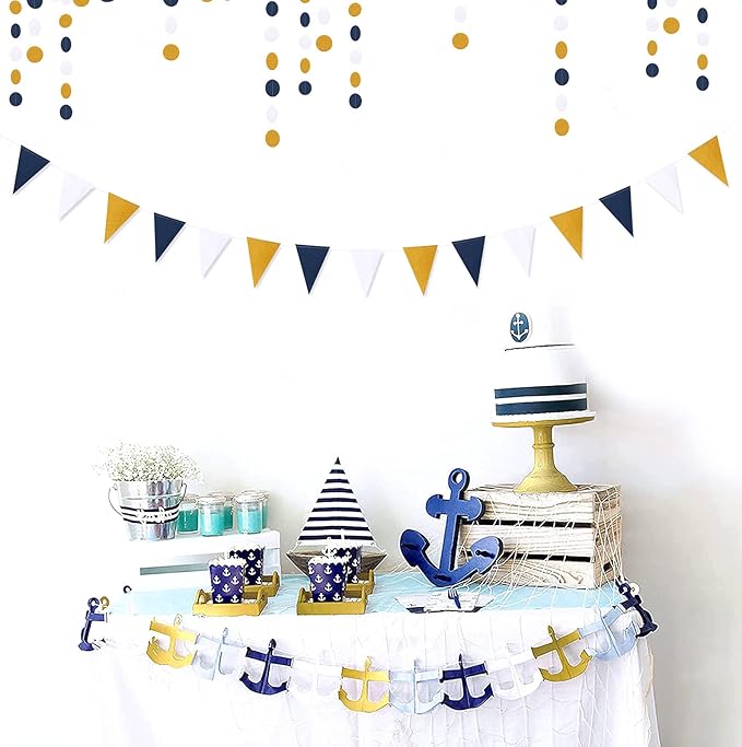 Navy-Blue White-Gold Party Decorations Banner - 2 Pack Men Birthday Graduation 2026 Glitter Sprinkles Paper Pennant Triangle Flags, Fathers Day Wedding Baby Bridal Shower Bunting Lasting Surprise