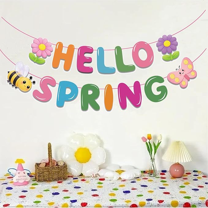 Hello Spring Banner,Colorful Spring Party Decorations with Bee, Butterfly & Flower for Spring Theme Party, Classroom,Office,Home Decor (No DIY Needed)