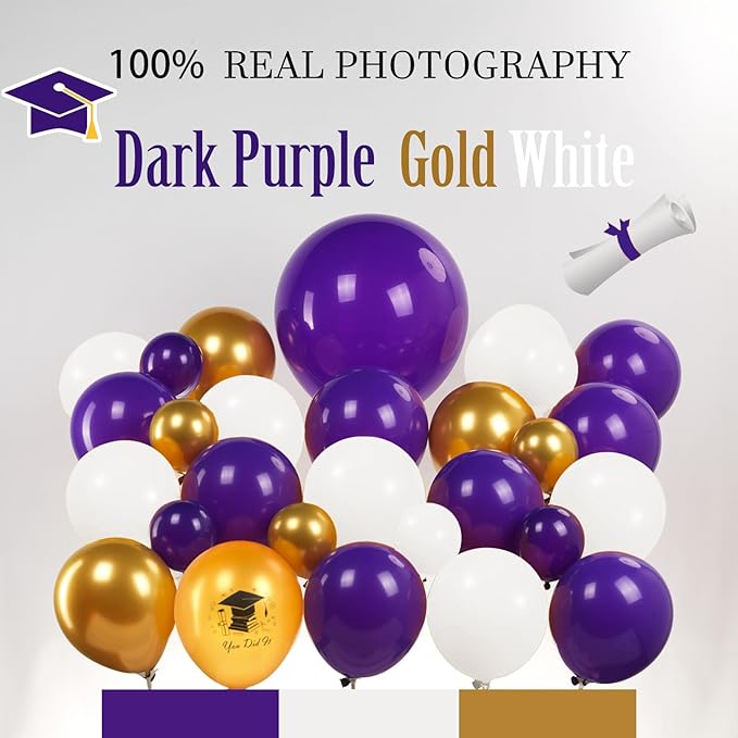 Purple Graduation Balloon Garland Arch Kit 115PCS with Graduation Star print Certificate Letter Mylar Foil Balloons for Graduate Class of 2026 Grad Prom party Decorations Supplies (Purple Gold White)