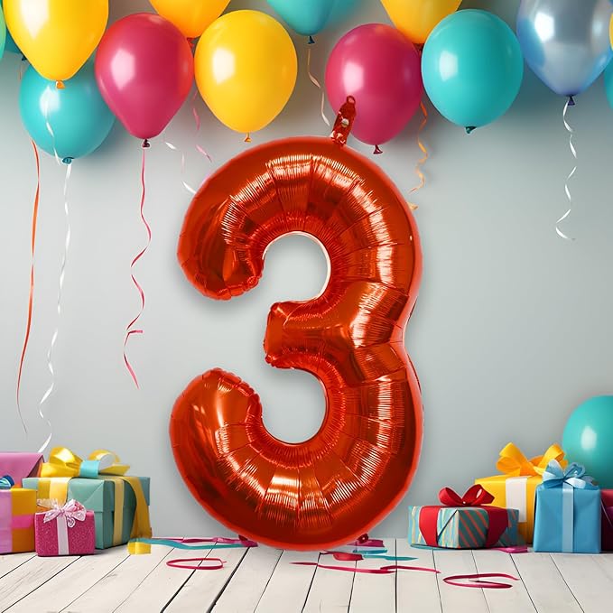 40 Inch Large Red Number Celebration and Decoration Balloon for Birthday Parties, Graduations, Anniversaries, Weddings, Photo Shoots, Special Events - Helium Foil Mylar (Red Number 3)