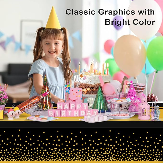 2 Pack Black and Gold Tablecloth Party Decorations Plastic Black Tablecloth Printed Gold Table Runner 54 x108 Inch Disposable Rectangle Table Cover for Birthday Wedding Graduation Anniversary