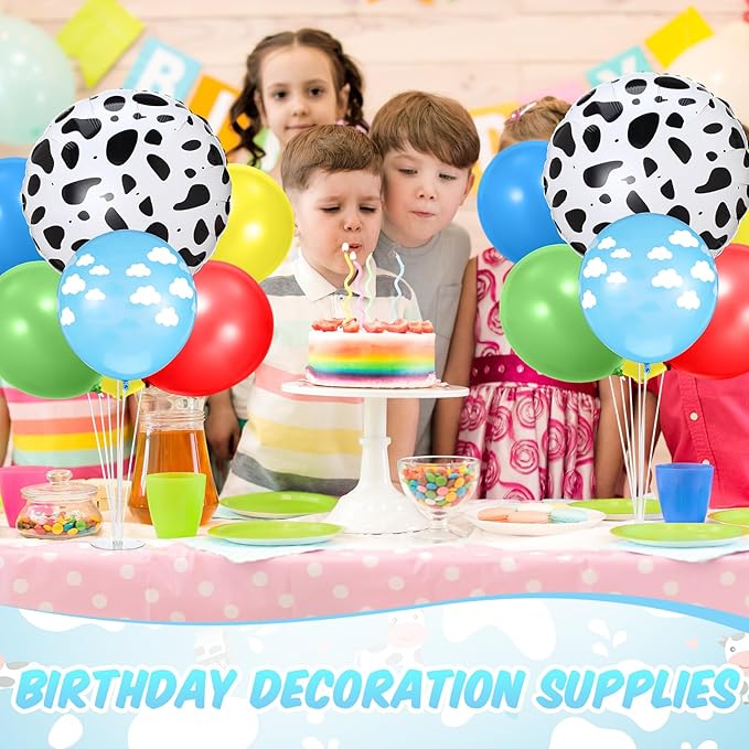 2 Sets Cartoon Birthday Party Decorations Table Centerpiece Red Yellow Blue Green Balloon Stand Kit with Cloud Cow Print Foil and Latex Balloon for Baby Shower Farm Animals Wedding Supplies