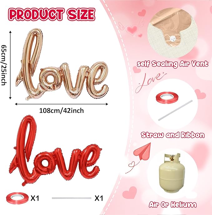 Large Love Foil Balloon 42 Inch Red Gold Love Letters Balloons Banner Giant Valentines Day Balloons Decorations for Valentine Day Romantic Bridal Shower Wedding Anniversary Engagement Party Decoration