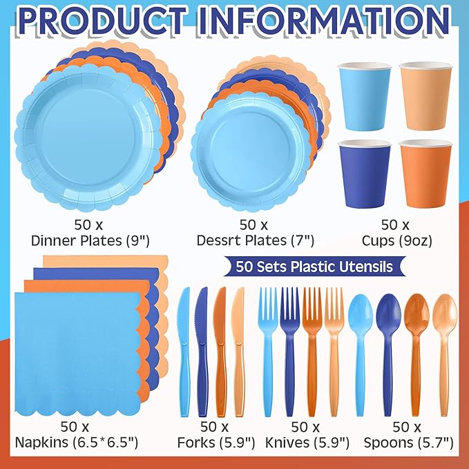350 Pcs Blue Orange Plates and Napkins, 50 Guest Blue Dog Party Supplies Include Scalloped Paper Plates Napkins Cups Plastic Spoons Forks Knives Disposable Tableware Set for Dart Birthday Party
