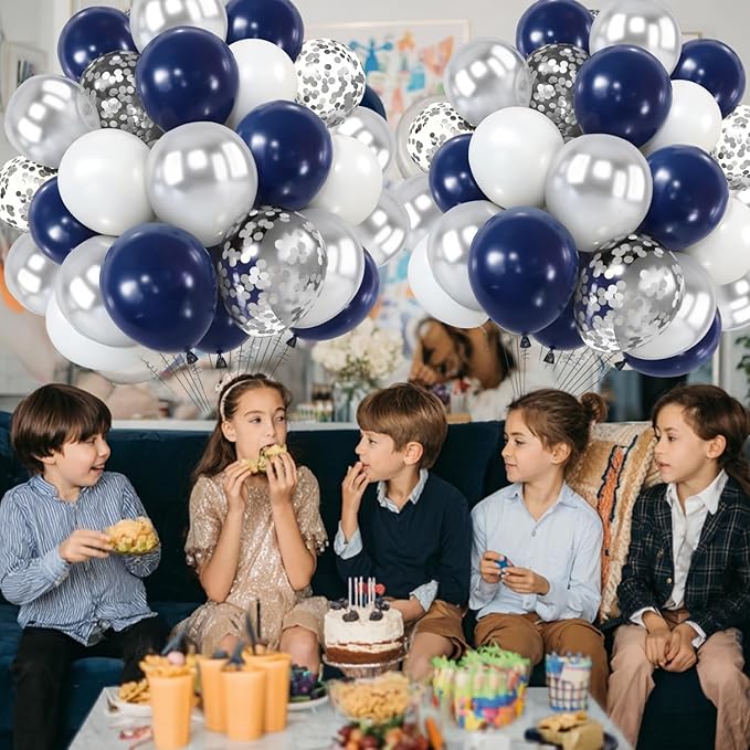 Navy Blue Silver Balloons Kit,50pcs 12inch Royal Dark Blue Metallic Silver White Balloon with Conffetti Latex Balloon for Wedding Graduation Birthday Anniversary Party Decorations