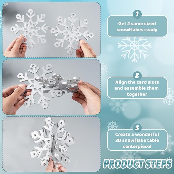 OuMuaMua 12 Set Winter Christmas Centerpiece Table Decorations - 24pcs Wooden Snowflakes Decor 3D Silver White Snowflake Tabletop Decor for Xmas Holiday Tiered Tray Winter Farmhouse Home Decor