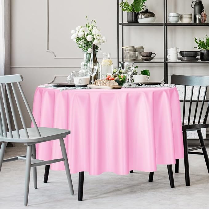 Kopokita 2 Pack Pink Round Disposable Plastic Tablecloths 84 inch Party Table Covers