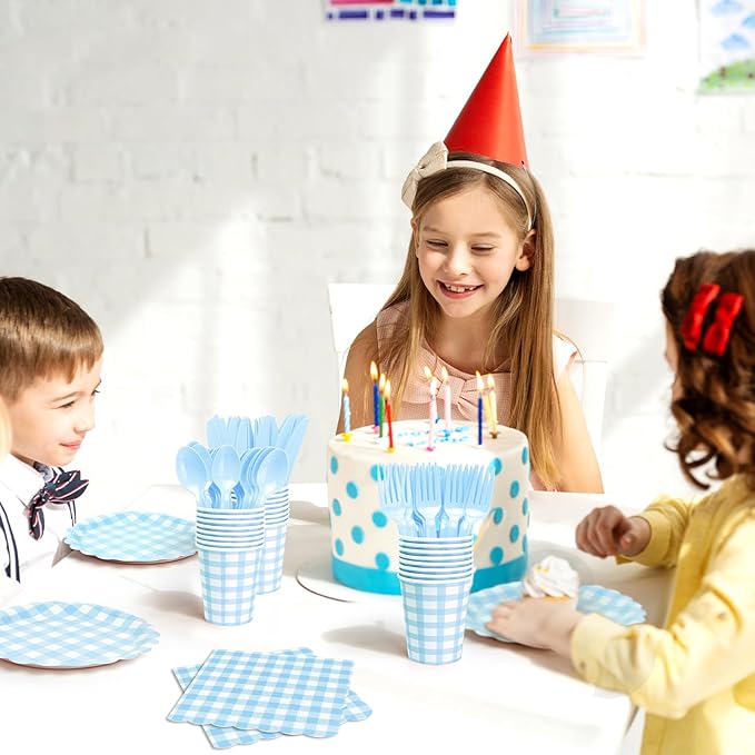 168PCS Party Plates, Blue Scalloped Gingham Paper Plates and Cups and Napkins Sets Party Supplies for Birthday Wedding Bridal Shower Baby Shower Picnic, Serve for 24 Guests, Blue