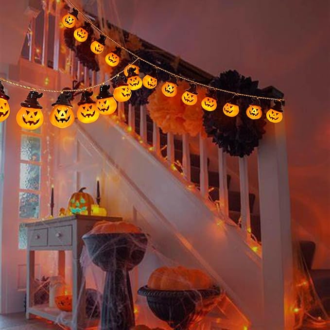 Battery Operated Pumpkin Lights for Halloween Decorations Indoor, Jack-o-Lantern String Lights for Halloween Party Front Door Porch Fireplace Camper Golf Cart Parade Garland Wreath Decor