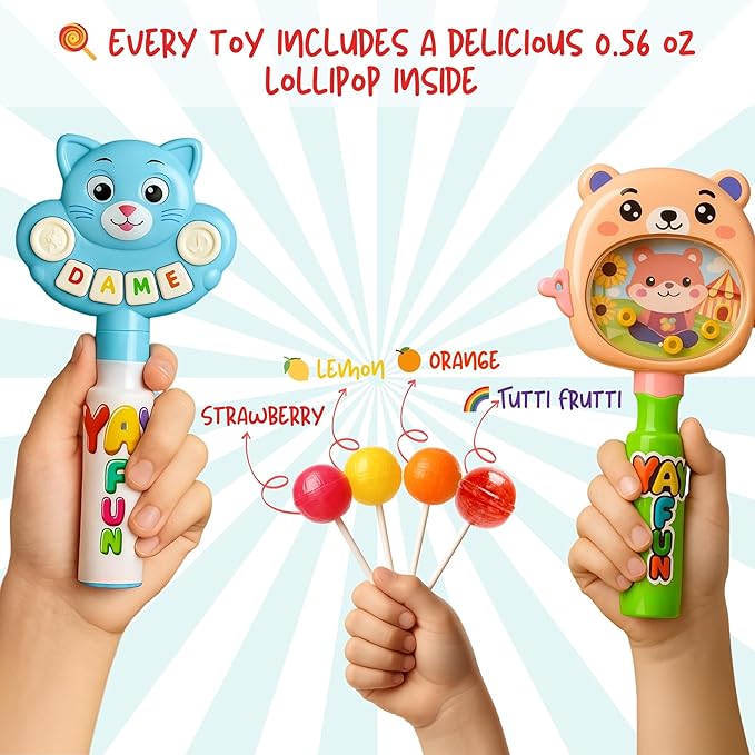 YAY! FUN Party Favors Supplies for Kids, 12Ct Bulk Individually Wrapped Lollipop with Interactive Toys, Perfect for Party Favors, Goodie Bags & Kids Surprise Gifts, Home/ school treasure box, Holiday basket (12 Count)