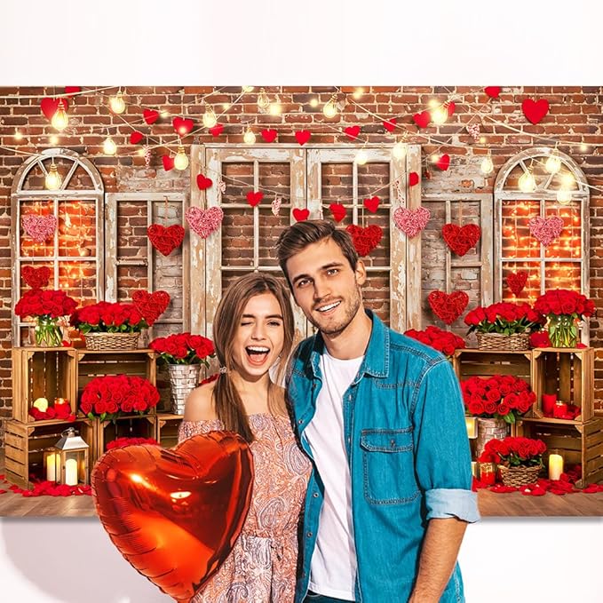 Red Rose Brick Wall Backdrop 7x5ft Romantic Love Theme Anniversary Backdrop Banner Vintage Door Window Light Decor for Engagement Wedding Couples Date Night Party Photo Booth Props (82x59inch)