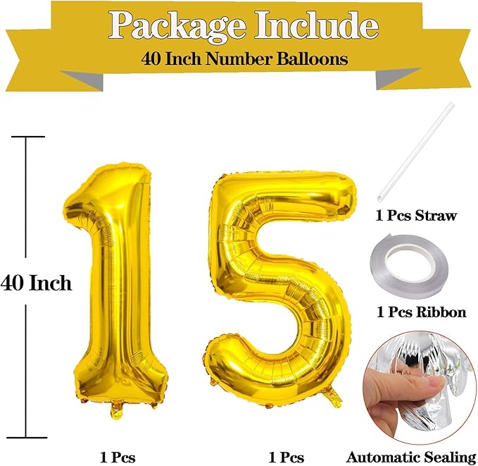 Large Gold 15 Number Balloons, 40 Inch Jumbo Number 15 Balloon, Gold Foil Mylar Balloons for Girl Sweet 15th/51th Birthday Party, Anniversary Decorations